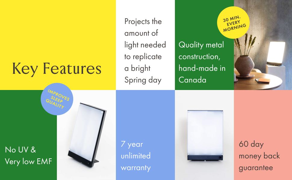 Blocks of vibrant colours highlight key features of the boxelite desk lamp like its UV filter.