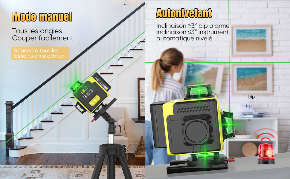 Image fractionnée de l'appareil de niveau laser. À gauche : mode manuel sur trépied près des escaliers. À droite : gros plan de l'appareil avec fonction de mise à niveau automatique. Texte : « Mode manuel », « Autonevelant ». Démontre les fonctions de mise à niveau manuelle et automatique.