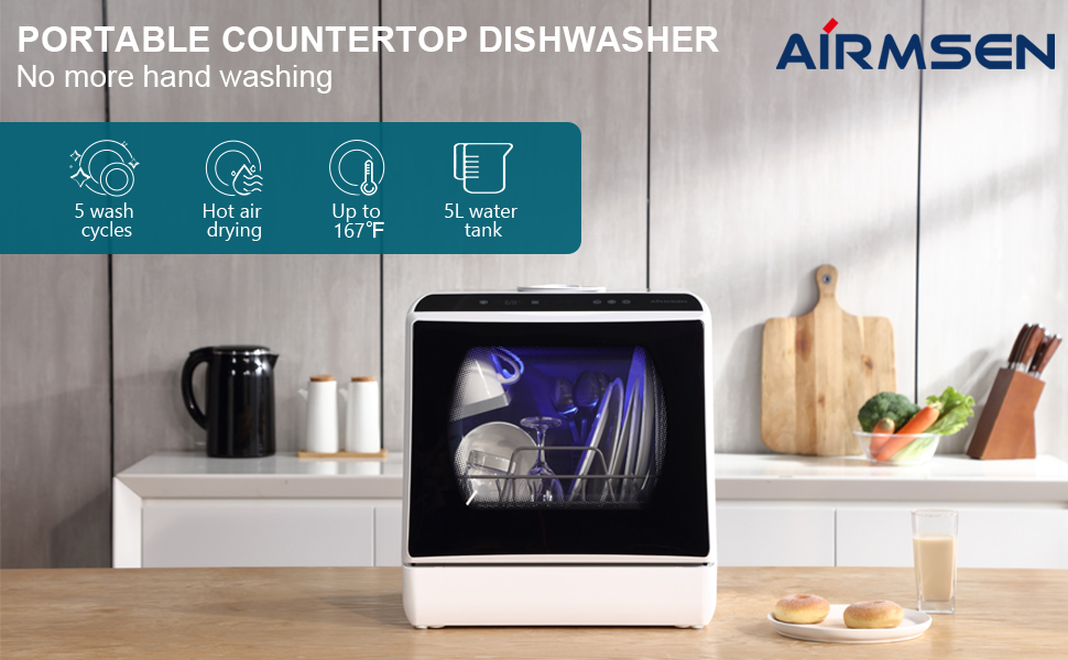 AIRMSEN AETDQR03 Countertop Portable Dishwasher, Compact Mini