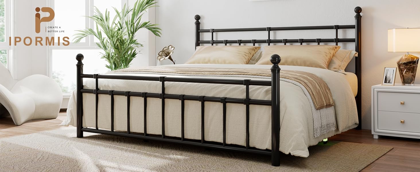 iPormis King Metal Bed Frame with Vintage Headboard and