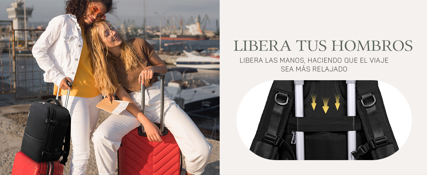 Dos personas con equipaje en un puerto. La imagen insertada muestra un sistema de correas negras con hebillas y flechas amarillas, con la etiqueta «LIBERA