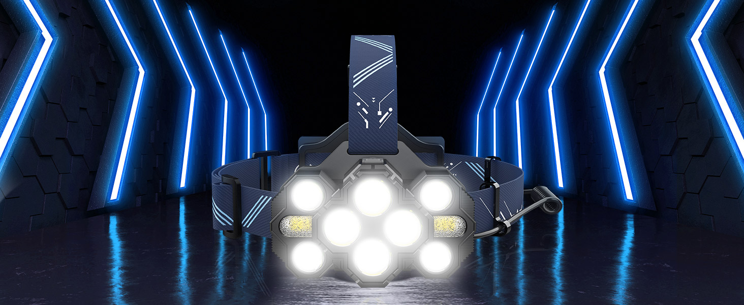 High-powered LED light fixture with multiple bright white bulbs in a black housing, displayed against blue neon lighting backdrop.