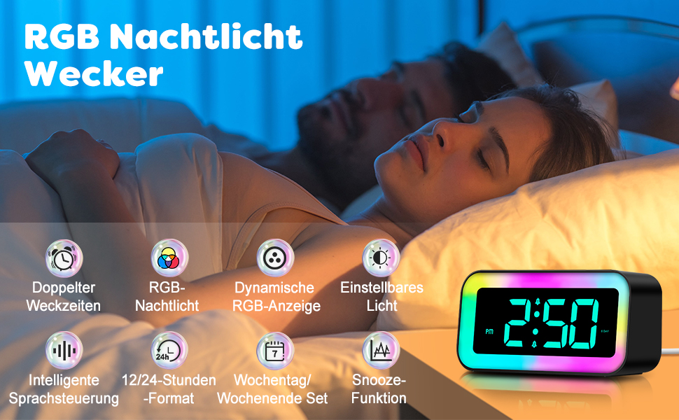 MOSUO Digital Alarm Clock with RGB Light, Digital Clock with 2 Alarm
