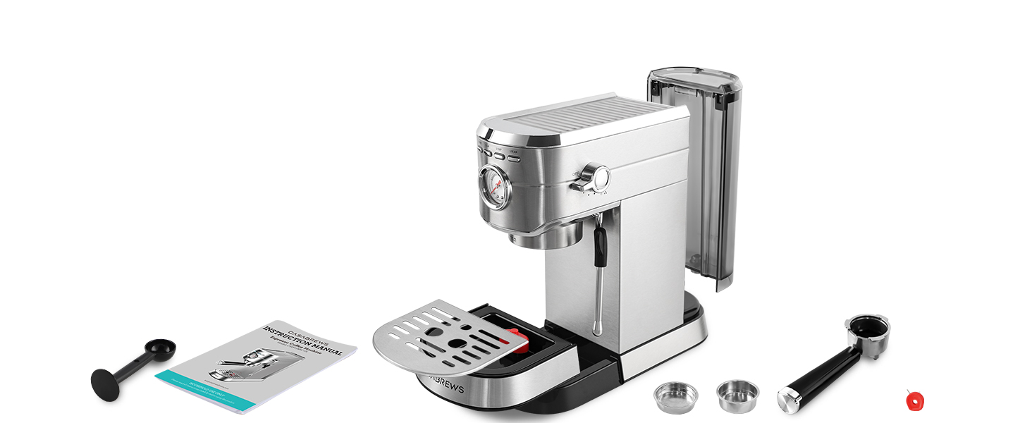 Stainless steel espresso machine with a sleek design, featuring a portafilter, drip tray, and control panel. Accessories include tamper, cleaning brush, and filter baskets.