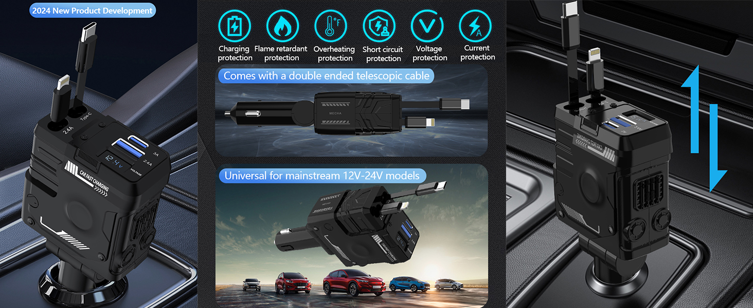 [2024 Upgraded Version] Retractable Car Charger, 66W 4in1