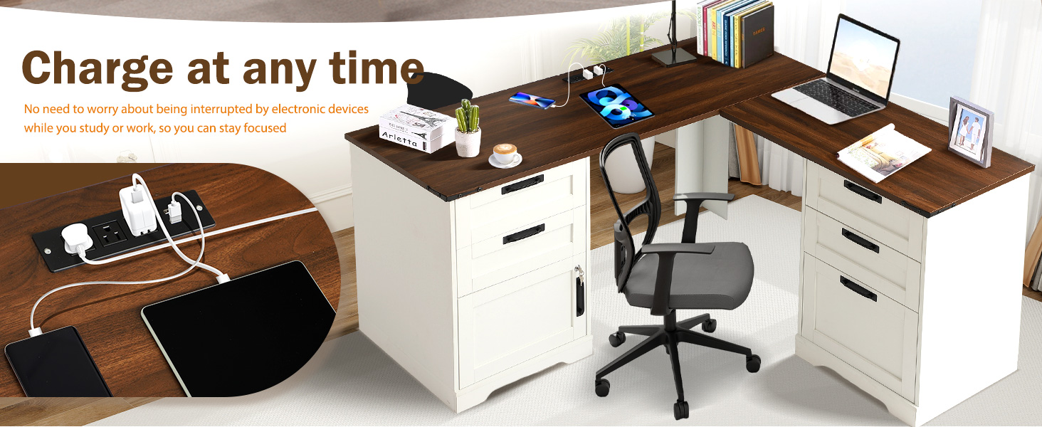 60&#34; L Shaped Executive Desk with Drawers, Farmhouse Home Office Desk with Charging Station