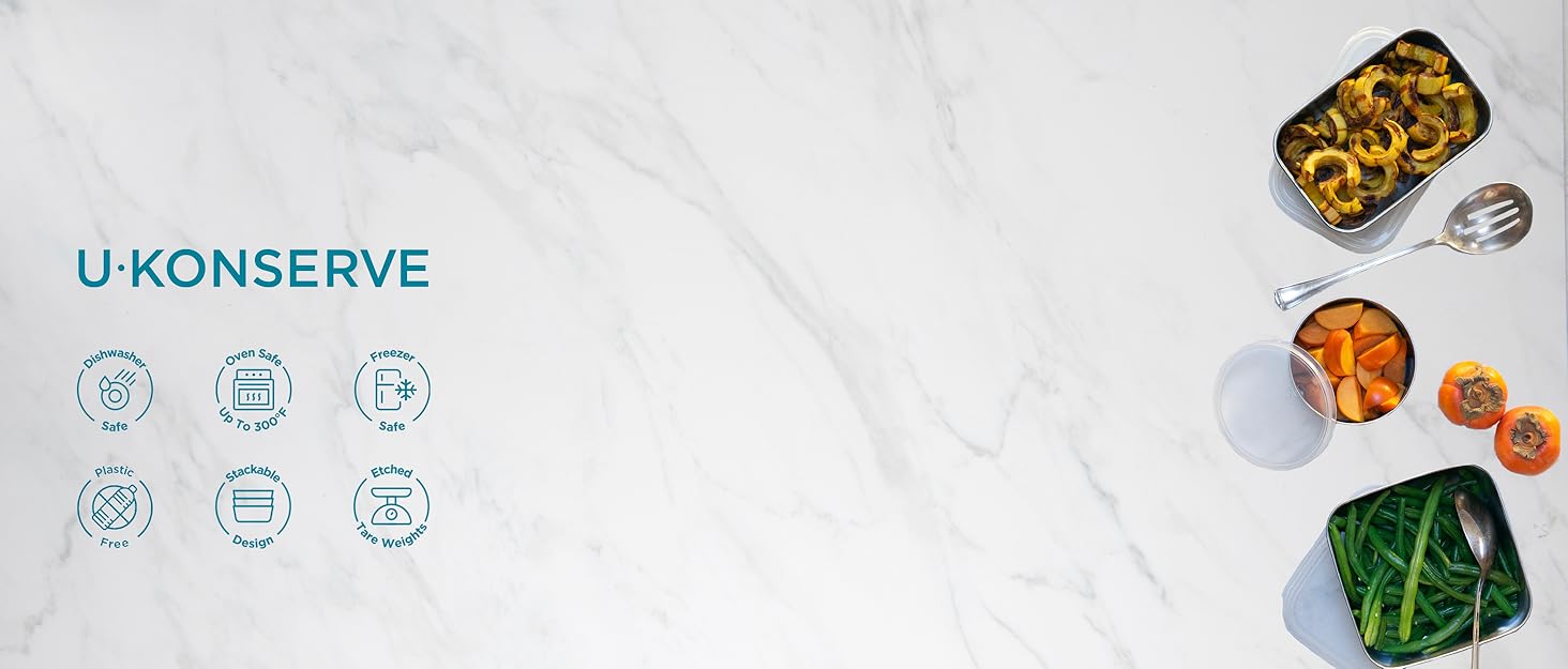 Dishwasher safe, oven safe. freezer safe, plastic free, stackable design and etched tare weights