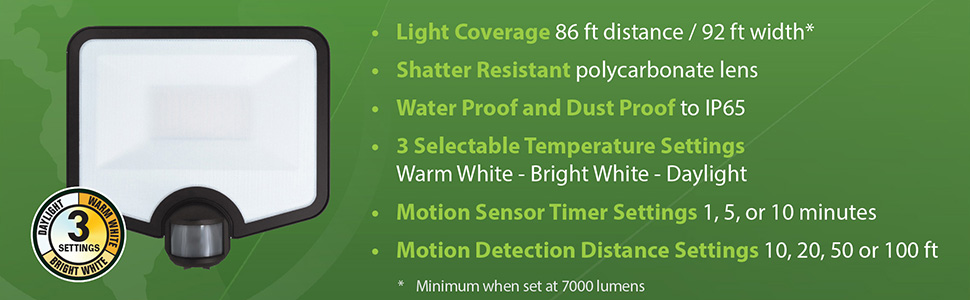 Features: waterproof, 3 light settings: warm white, bright white, & daylight. motion sensor timer