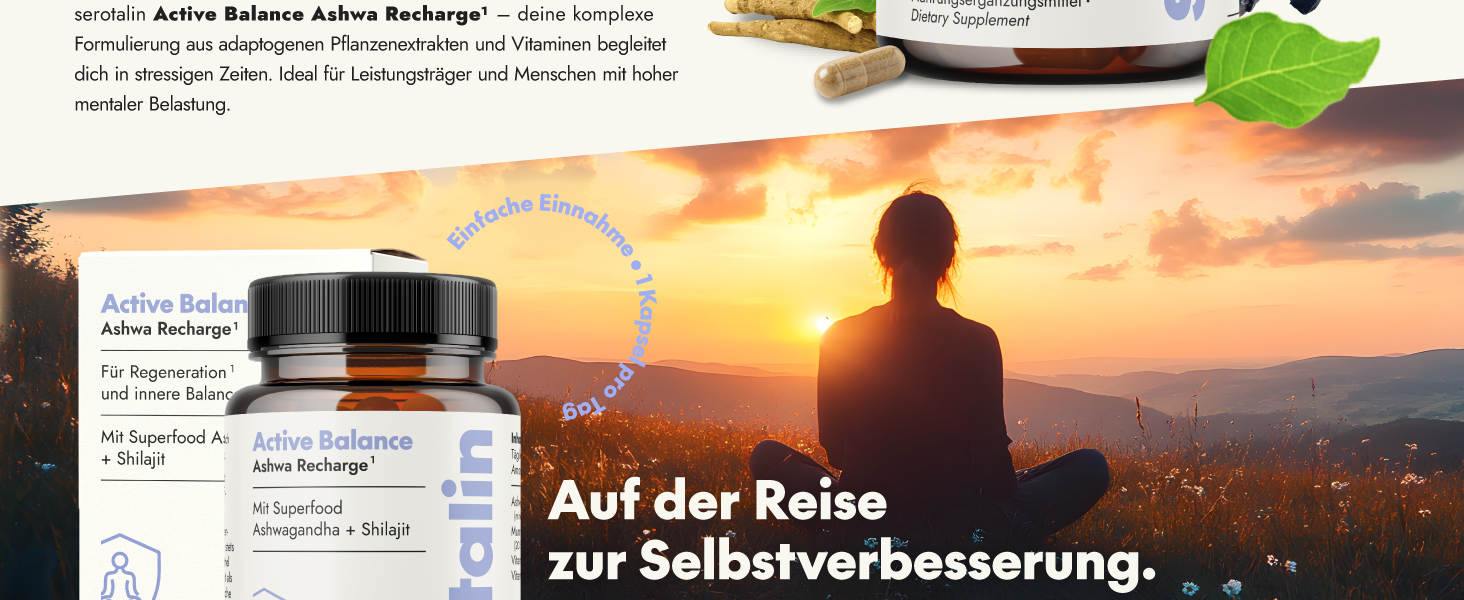 Flasche mit Nahrungsergänzungsmitteln mit der Aufschrift „Active Balance“ vor dem Hintergrund einer Berglandschaft bei Sonnenuntergang. Das Marketingbild enthält den deutschen Text „Auf der Reise zur Selbstverbesserung“ und Angaben zur Produktverpackung.