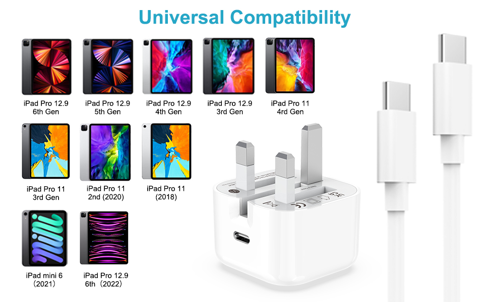 iPad Charger and Plug, 20W iPad Pro Charger Plug and Cable 2M, USB C