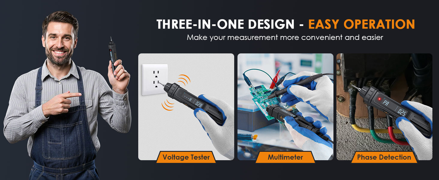 Text reads 'THREE-IN-ONE DESIGN - EASY OPERATION'. Product demonstration showing three different uses of a multi-tool device.