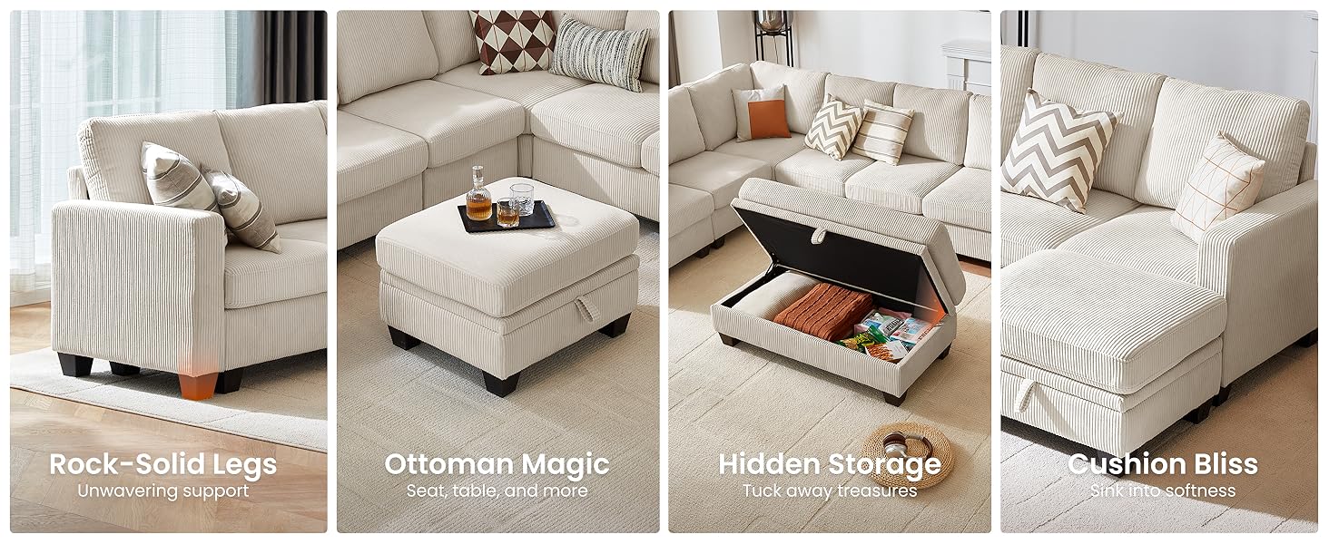 CHIC HOUSE Modular Sectional Couch Corduroy L Shaped