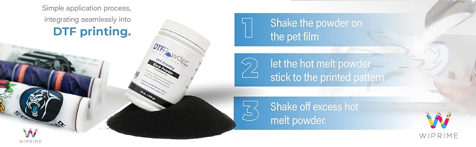 "Black WIPRIME DTF Powder, Digital Transfer Hot Melt Adhesive for black or dark-colored garments."