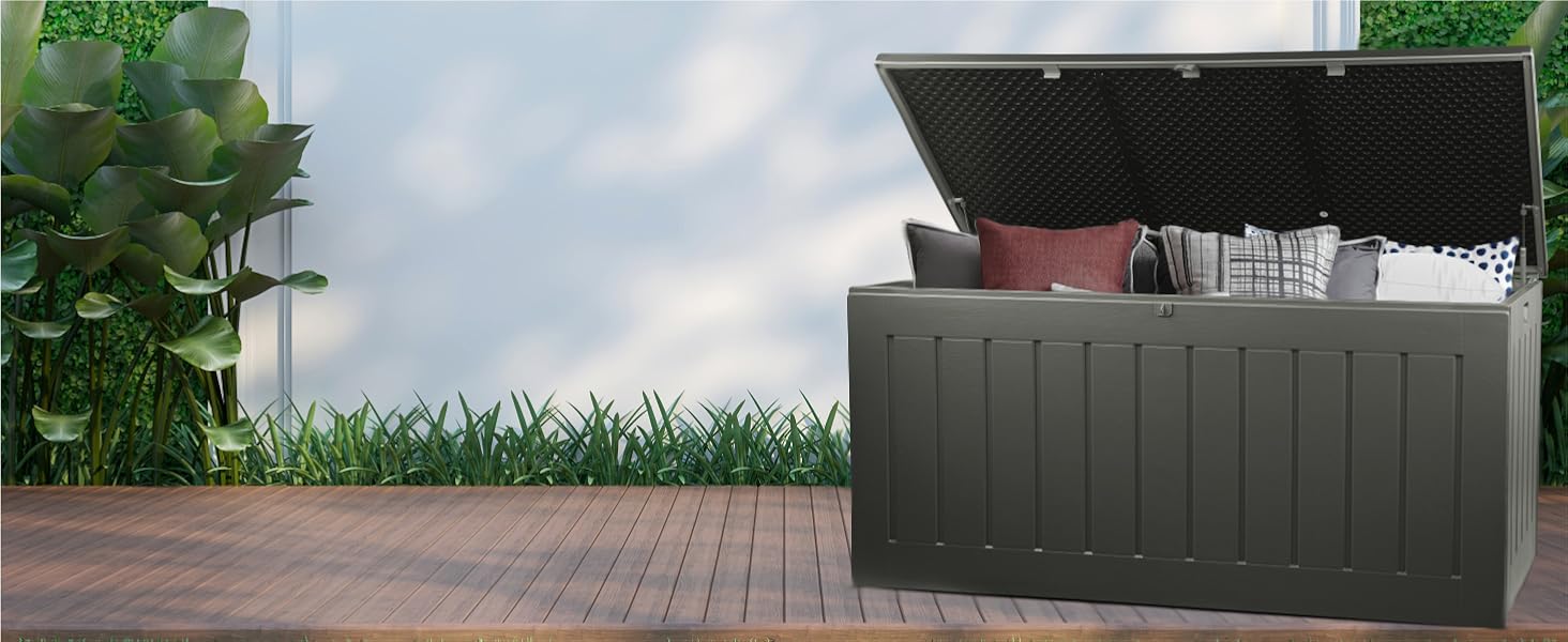 the outdoor storage box with a red pillow