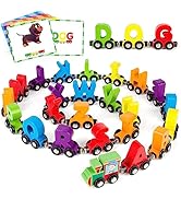 Vanmor 27 PCS Magnetic Wooden Alphabet Train Sets | ABC Letter Learning Toy Trains with 42 PCS Fl...