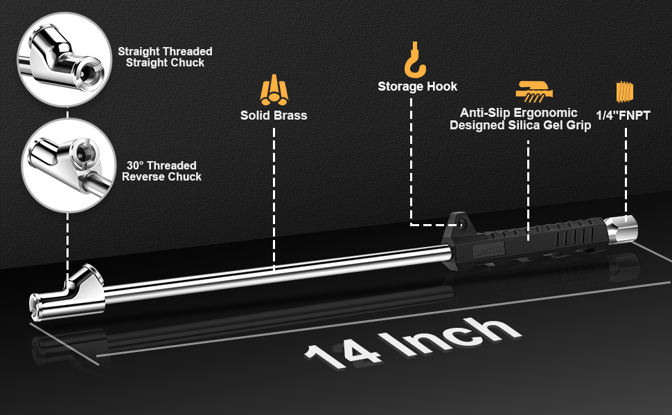 14" Extended Reach Dual Head Air Chuck, 2Way Connection 1/