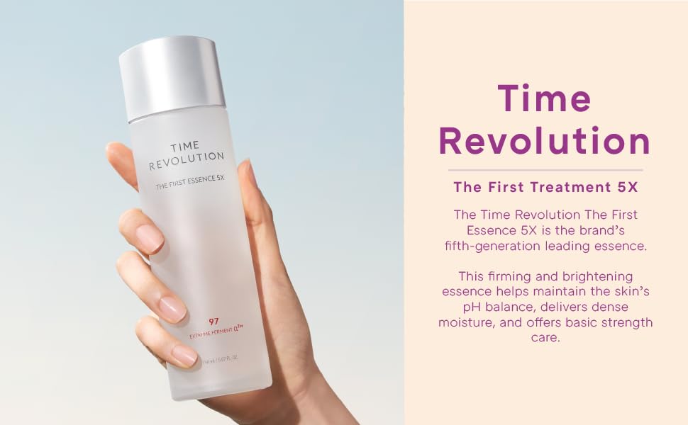 A hand holding a MISSHA Time Revolution essence bottle. 