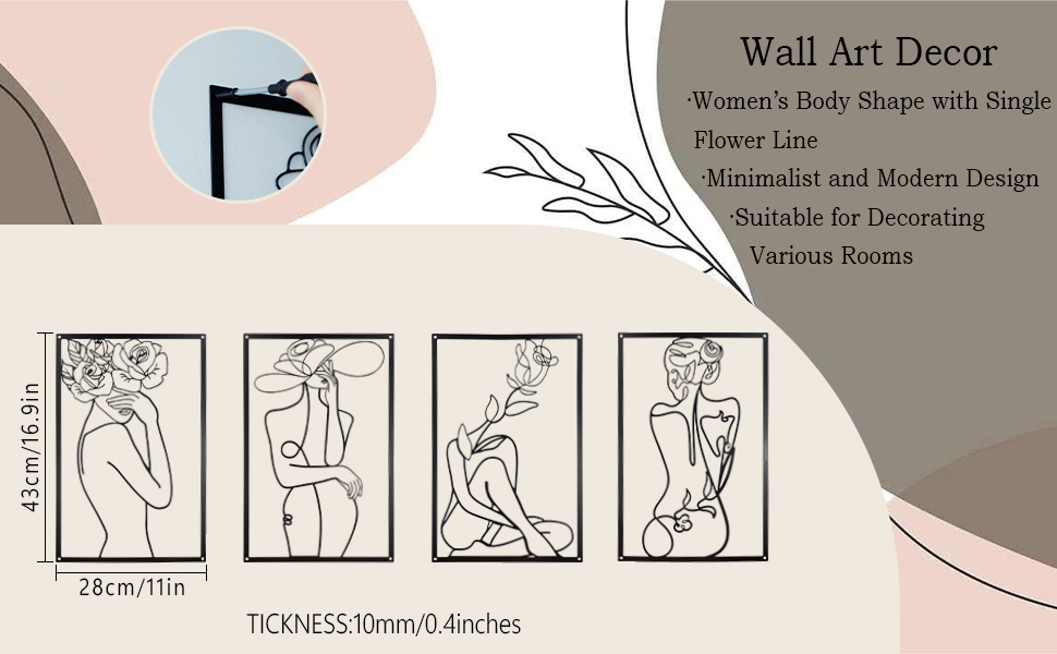 CXRYLZ 4PCS Mental Wall Art Decor, Framed Modern Wall Decor, Aesthetic Wall Decorations, Abstract Flower Line Drawing Artworks, Minimalist Wall Art for Women, Bedroom, Living Room, Bathroom (Black) 12 Mental Minimalist