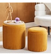 BLEXA Round Ottoman with Storage Set of 2-Upholstered Velvet Vanity Stool for Makeup Multifunctio...