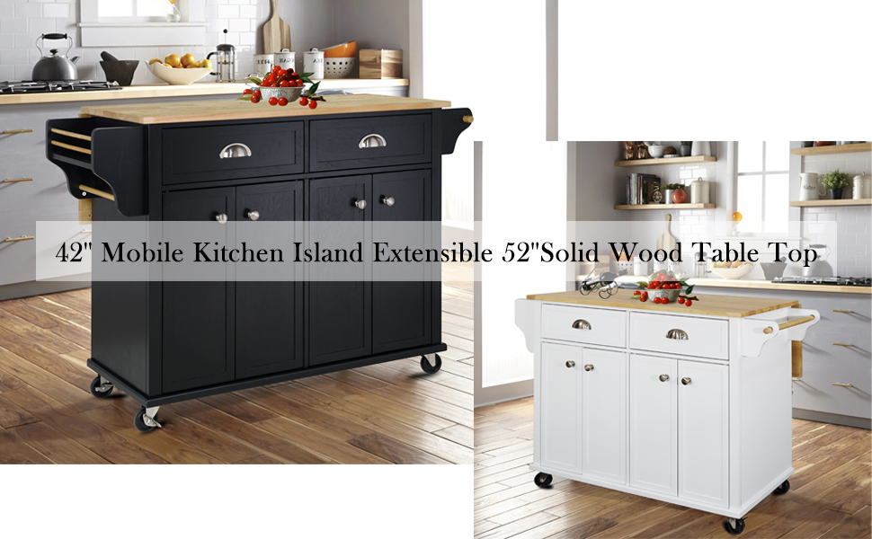 LKTART 42'' Mobile Kitchen Island Extensible 52''Solid Wood