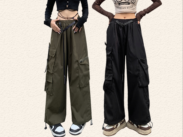 Hewlshawn Women's Cargo Pants Gothic Baggy Wide Leg Trousers