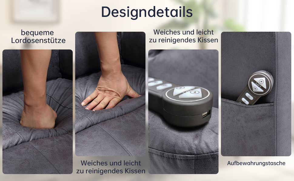 Produktmerkmale eines Kissens oder einer Matratze mit Handpressfläche, leicht zu reinigendem Stoff und integrierter Aufbewahrungstasche