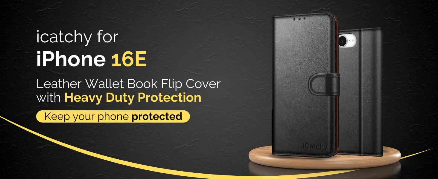 Black leather wallet-style flip cover case for iPhone 16, featuring heavy-duty protection and book-like design.