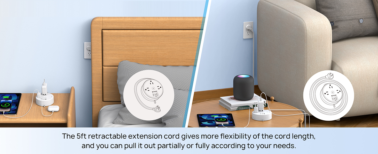 Travel Power Strip TROND Retractable Power Strip with 3 AC Outlets 3 USB Ports (2