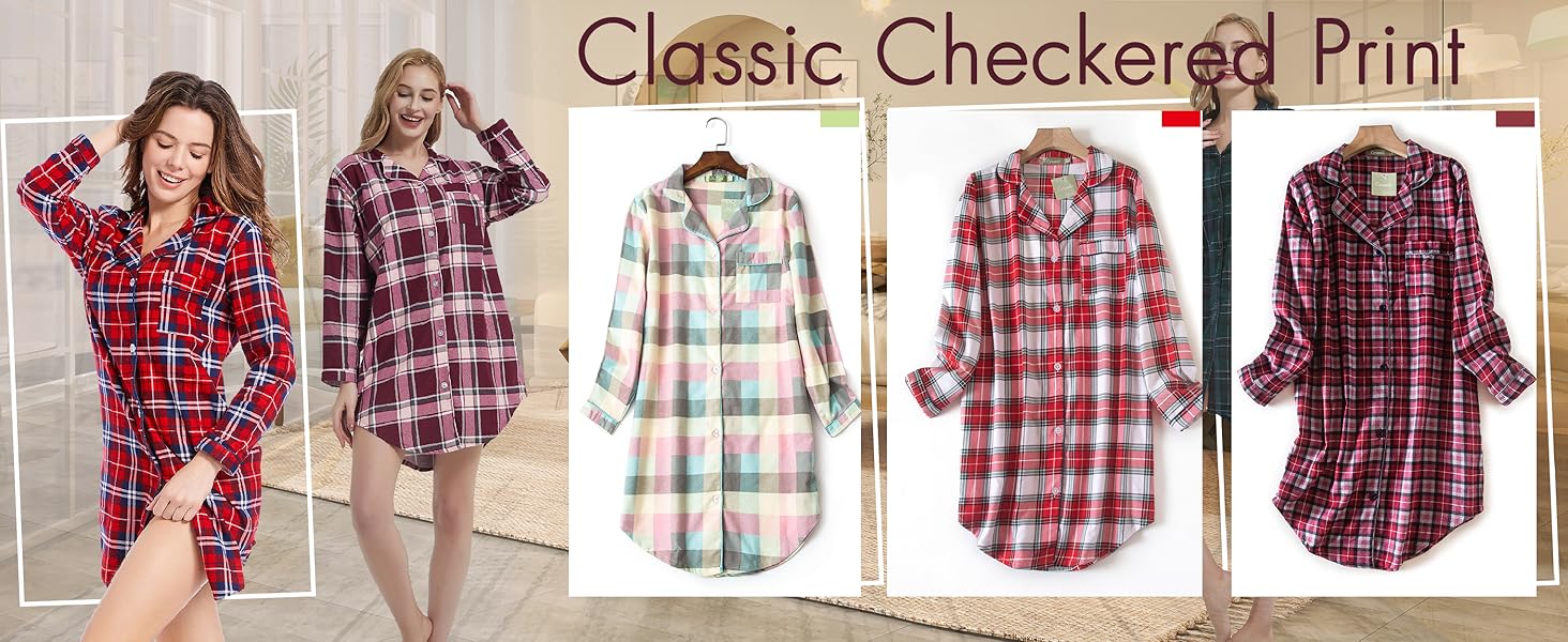CHUNG Women Nightshirt Long Sleeve Button Up Ladies Checked Sleep Shirt Plaid Nightdress Tartan Pyjamas Flannel Cotton 11 flannelette check plaid pyjamas nightwear winter uk size plus size