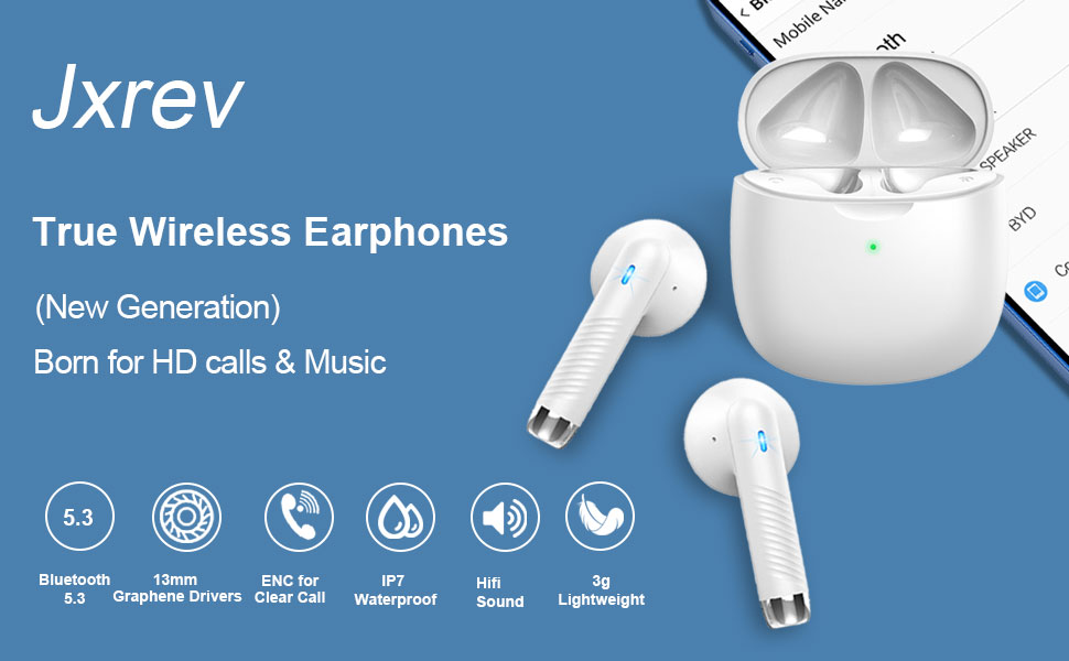 Jxrev Wireless Earbuds, Bluetooth 5.3 Headphones HIFI Stereo, Wireless