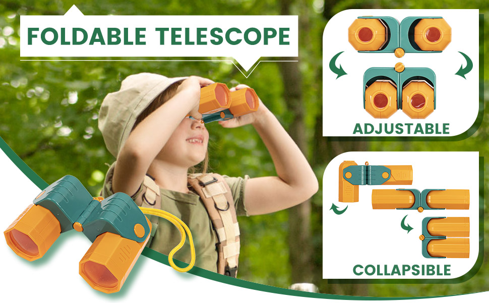 Product packaging elements showing text 'FOLDABLE TELESCOPE' with icons indicating 'ADJUSTABLE' and 'COLLAPSIBLE' features. Green leaf background with telescopic device illustration.