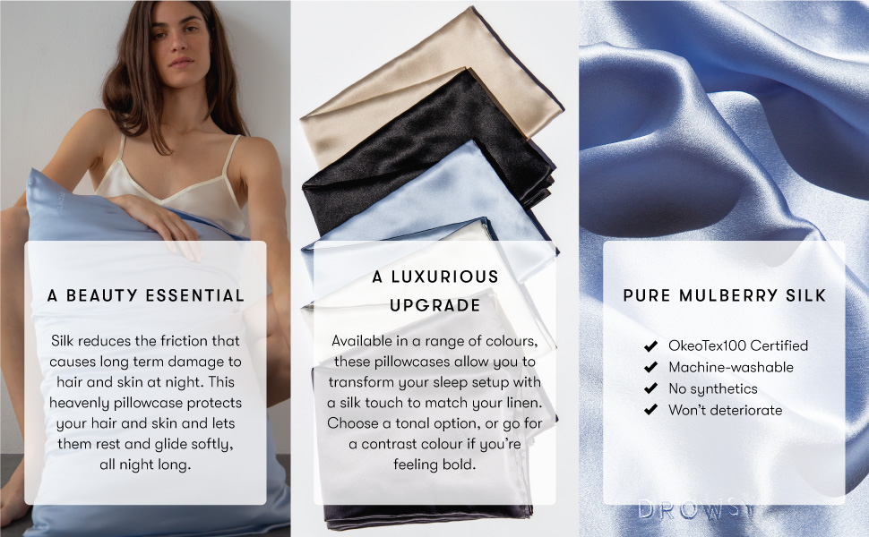 Three photos highlighting the benefits of using silk and the Drowsy pillowcase