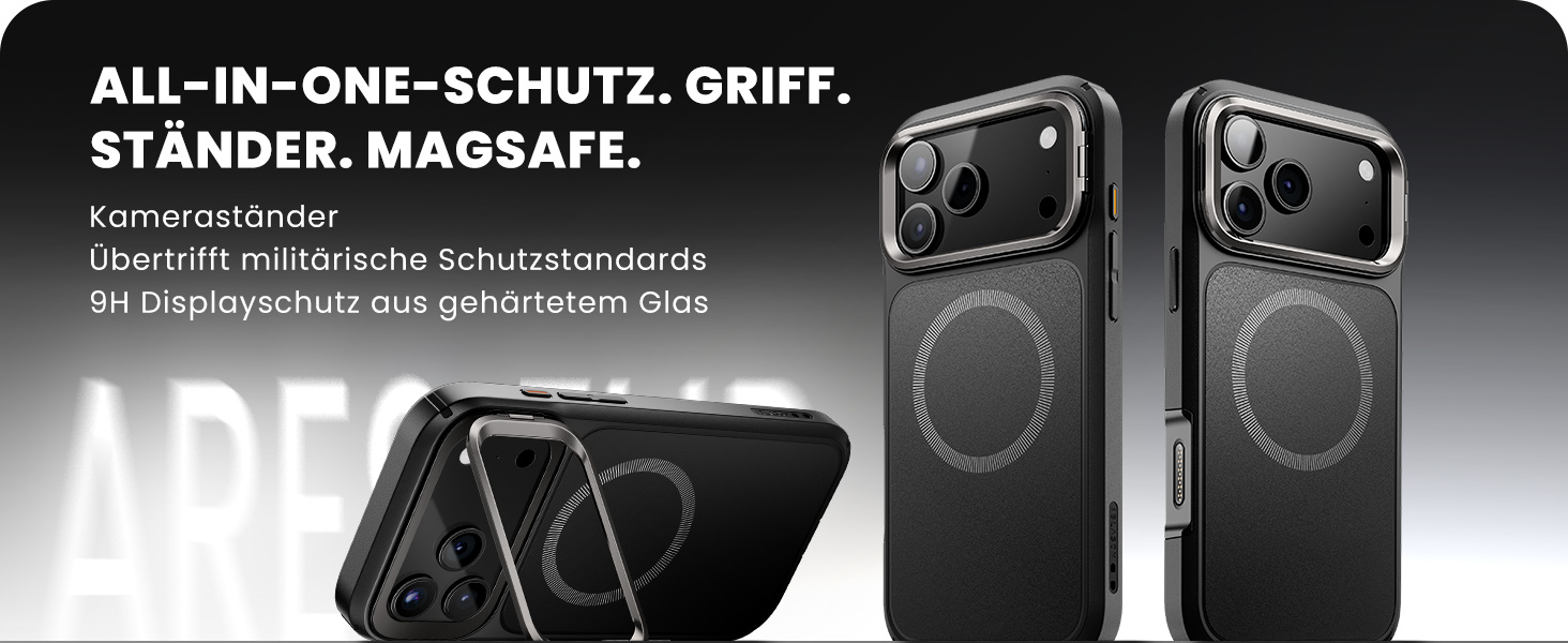 Der Text lautet "ALL-IN-ONE-SCHUTZ". ΓΚΡΙΦ. STÄNDER. MAGNETSAFE. ' Die schwarze Handyschutzhülle wird aus mehreren Blickwinkeln dargestellt und hebt die Funktionen hervor.