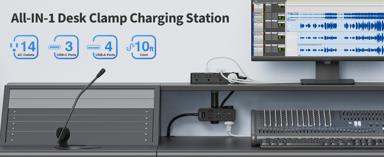 DEPOW Dual Layer Desk Clamp Power Strip, Desktop Edge Mount