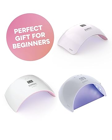 Set of LED nail curing lamps in white and purple colors, featuring dome-shaped design with 'Perfect Gift for Beginners' text overlay.