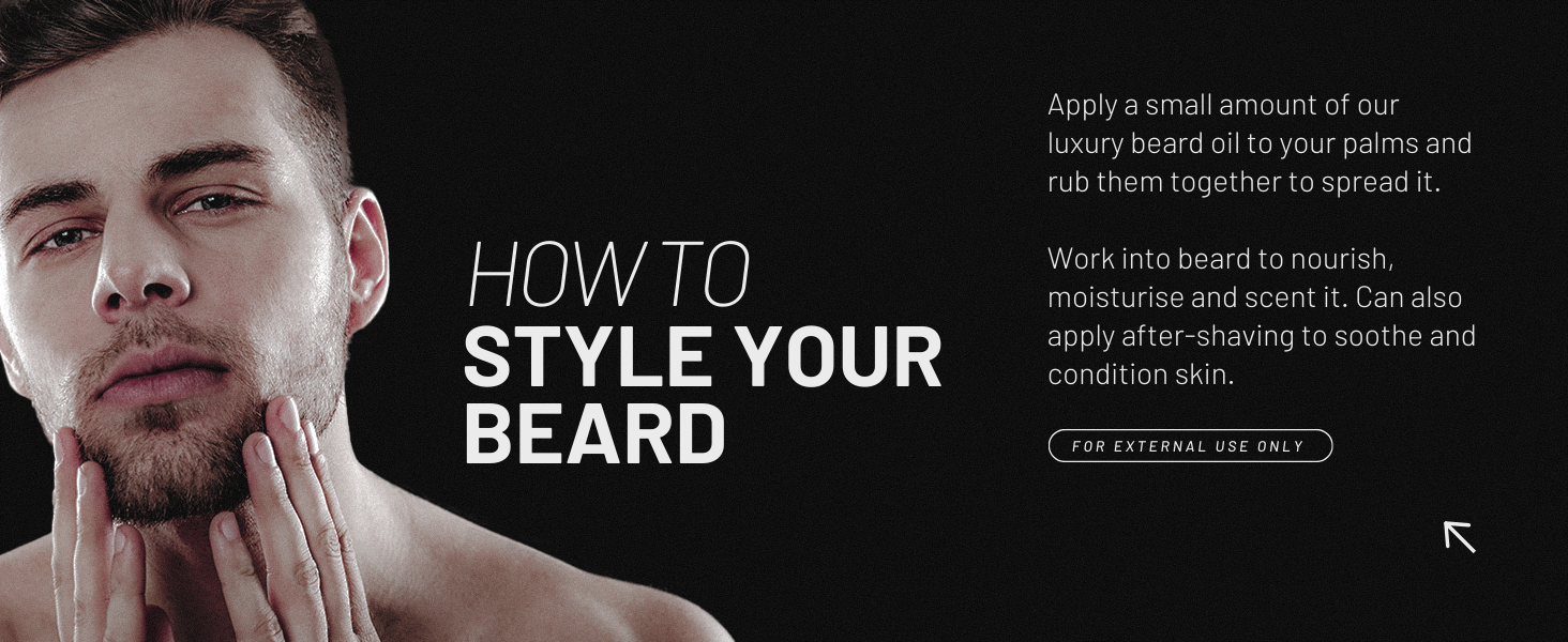 Close-up of a man with a well-groomed beard, touching his face. Text overlay reads 'HOW TO STYLE YOUR BEARD', with additional grooming tips partially visible.