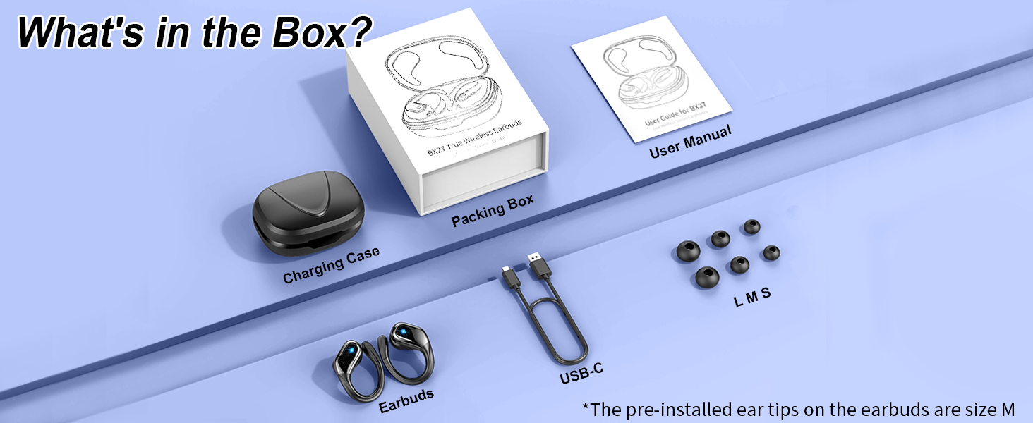 Text reads 'What's in the Box?' Product components layout showing various small parts and accessories against light blue background.