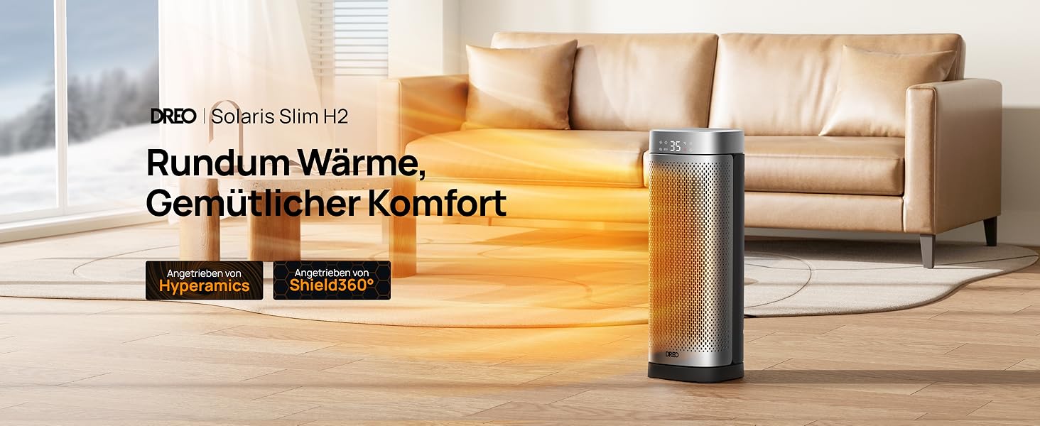 Turmheizung im Wohnzimmer mit Text 'Rundum Wärme, Gemütlicher Komfort'. Elegantes schwarzes Design, auf einem Holzboden in der Nähe einer beigen Couch platziert