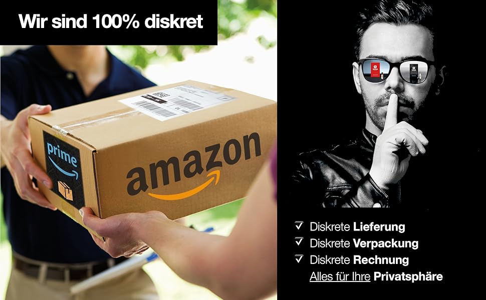 Zusammengesetztes Bild: Person, die ein Amazon-Paket in der Hand hält, Text auf Deutsch über diskrete Lieferung und Silhouette, die mit einer reflektierenden Sonnenbrille eine zitternde Geste macht