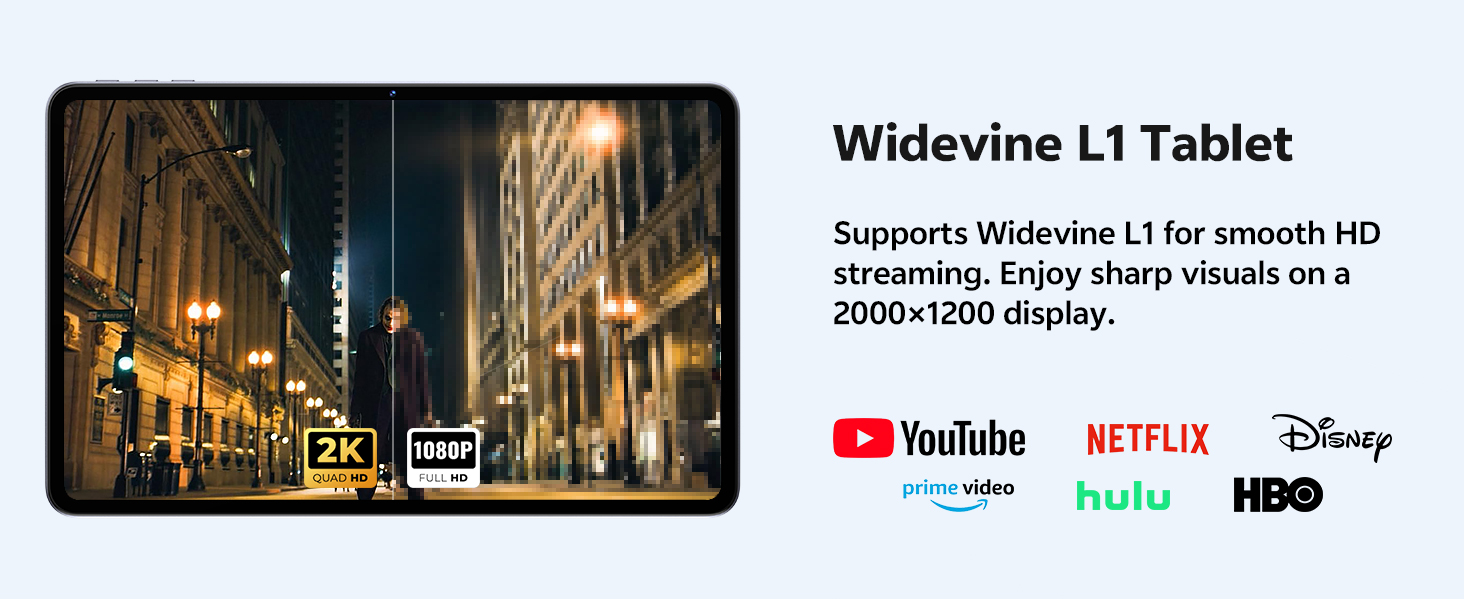 Text reads 'Widevine L1 Tablet'. Shows cityscape at night with app icons for YouTube, Netflix, and HBO displayed below.