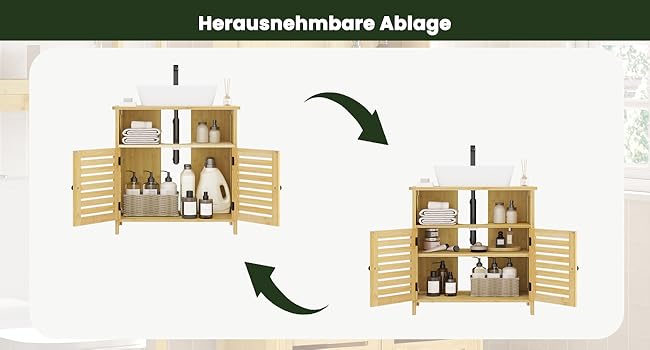 Wooden cabinet with removable shelves, shown open and closed. Text indicates it has removable compartments.