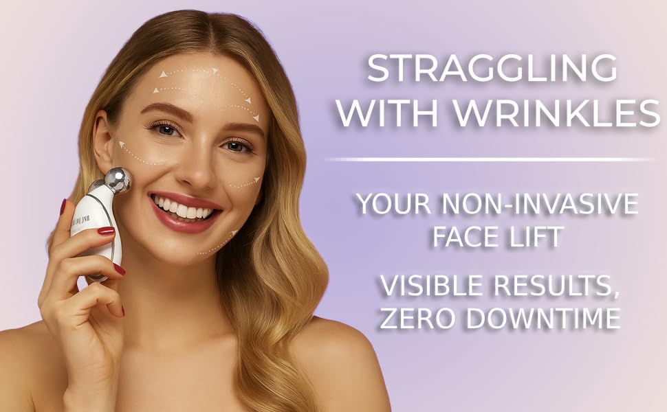 woman using microcurrent facial device for wrinkle reduction and non-invasive face lift at home