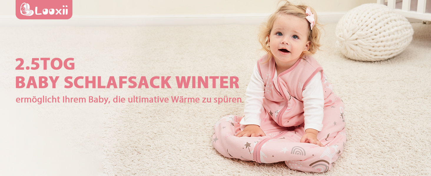 Rosafarbener Winter-Babyschlafsack, Produktfoto mit 2,5 TOG-Bewertung und deutschem Text über Wärmeeigenschaften