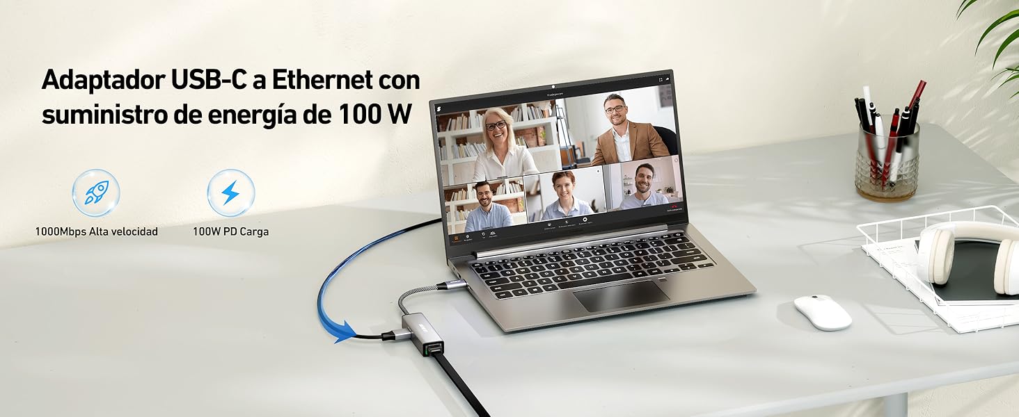 BENFEI Adaptador USB C a Ethernet Gigabit con suministro de energía de 100W