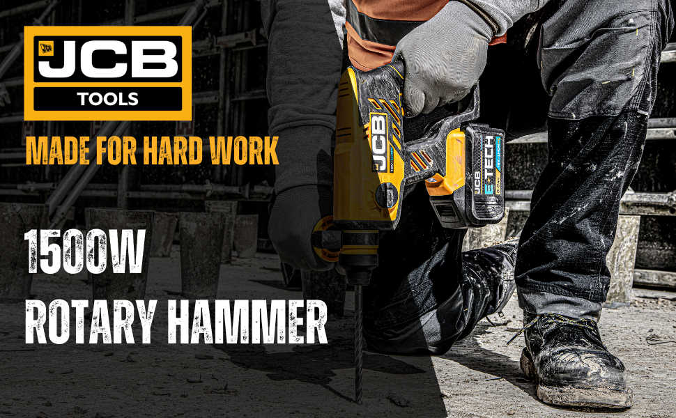 JCB 1500w Rotary Hammer Drill, Powerful 4 Modes Drilling, Hammer