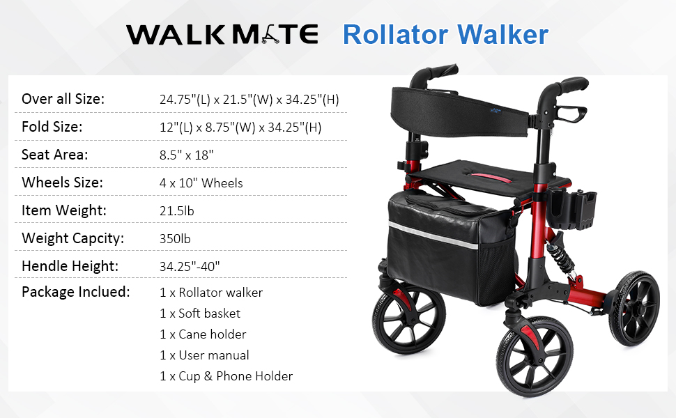 WALK MATE Rollator Walker for Seniors with Shock Absorber