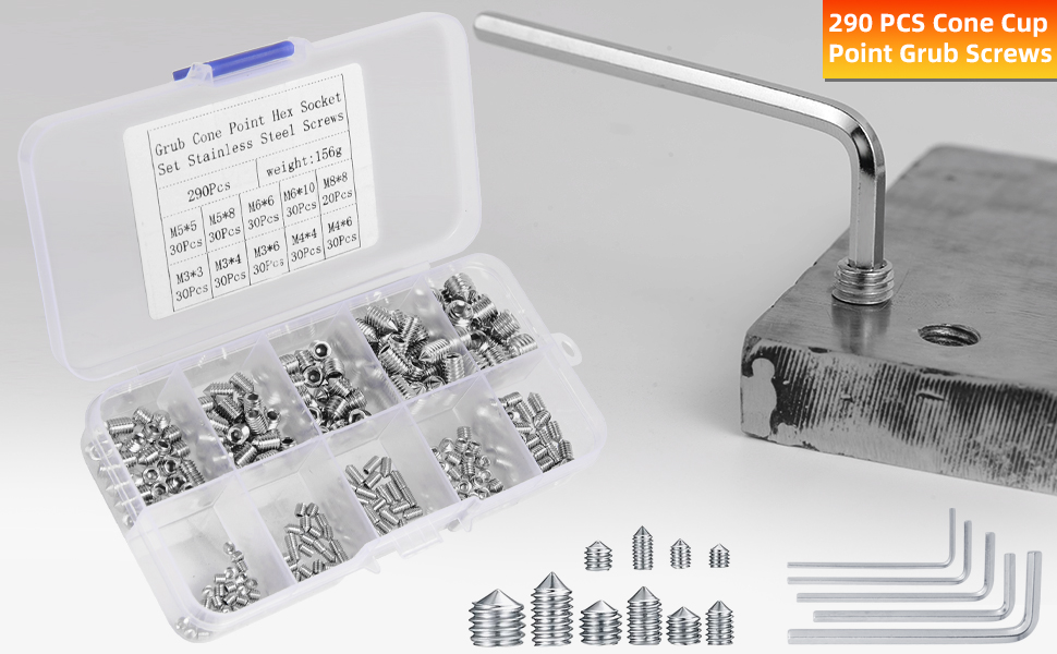 290 Pcs Cone Cup Point Grub Screws M3 M4 M5 M6 M8 Hex Socket Grub Screw