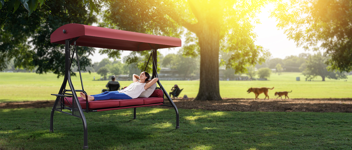 NOBLEMOOD Patio Porch Swing, 3Seat Outdoor Swing with