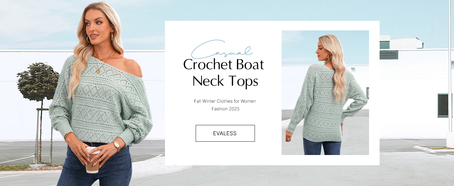 EVALESS Women&amp;#39;s Crochet Boat Neck Long Sleeve Loose Fit Sweaters Fall Winter Clothes