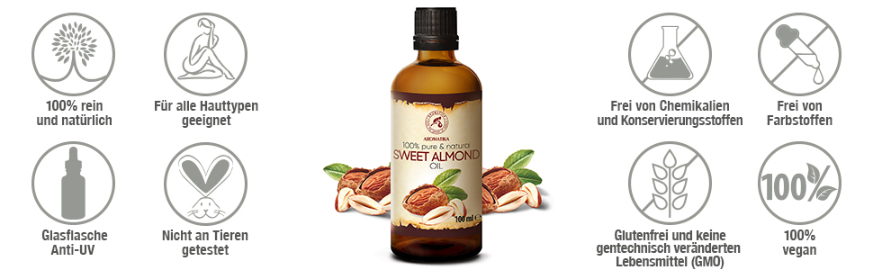 Mandel Öl - Basisöl - Mandelöl Körper - Haare - Haut - Nägel - Hände - Kosmetik - Körperpflege 